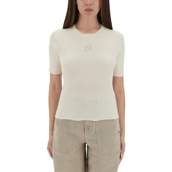 Fendi Ribbed Cotton T-Shirt With Subtle Logo Detail - NWT - Picture 1 of 4